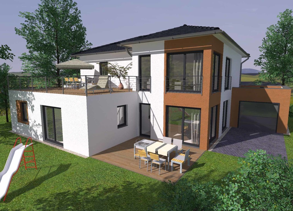 Villa mit Garage, Terrassee, Dachterrasse und Garten